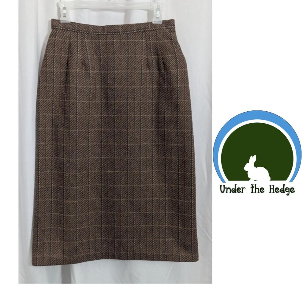 Vtg 80s Ira Joyce Brown Tweed Wool Blend Midi Skirt 28.5W L1 Academia Librarian